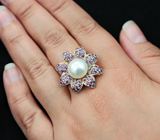 Чудесное серебряное кольцо-цветок с жемчужиной и родолитами Серебро 925