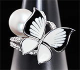 Прелестное серебряное кольцо «Бабочка» с жемчужиной и эмалью Серебро 925