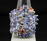 Роскошное серебряное кольцо с танзанитами и разноцветными сапфирами Серебро 925