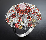 Превосходное серебряное кольцо с розовым турмалином, сапфирами и бесцветными топазами Серебро 925