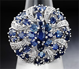 Роскошное крупное серебряное кольцо с синими сапфирами Серебро 925