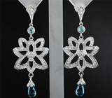 Эффектные крупные серебряные серьги с бриолетами голубых топазов