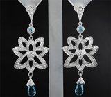 Эффектные крупные серебряные серьги с бриолетами голубых топазов Серебро 925