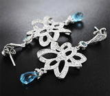 Эффектные крупные серебряные серьги с бриолетами голубых топазов