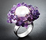Крупное серебряное кольцо с жемчжиной и аметистами Серебро 925