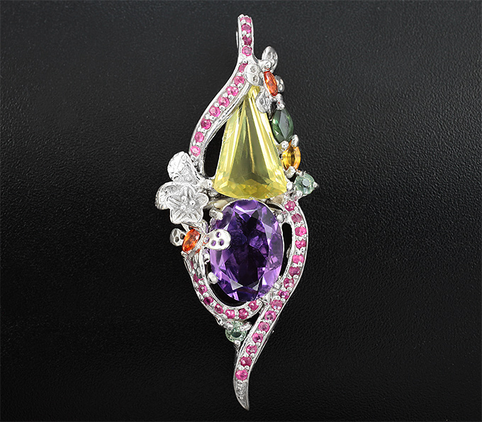Серебряный кулон с цитрином, аметистом и разноцветными сапфирами
