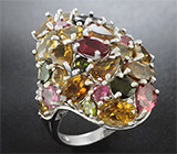 Превосходное серебряное кольцо с разноцветными турмалинами Серебро 925