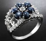 Ажурное серебряное кольцо со звездчатыми сапфирами Серебро 925