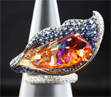 Эксклюзив! Золотое кольцо с мексиканским огненным опалом, синими сапфирами и бриллиантами Золото