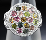 Филигранное серебряное кольцо с разноцветными турмалинами Серебро 925