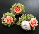 Оригинальный серебряный комплект с жемчужиной, перидотами и резными кораллами Серебро 925