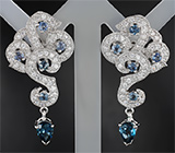Изысканные серебряные серьги с насыщенно-синими топазами и голубыми сапфирами Серебро 925