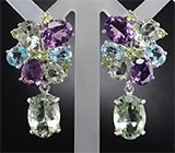 Крупные серебряные серьги с празиолитами, аметистами, перидотами и топазами Серебро 925