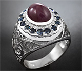 Стильное серебряное кольцо с рубином и синими сапфирами Серебро 925