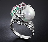 Серебряное кольцо «Лягушка» с жемчужиной, изумрудами и сапфирами Серебро 925