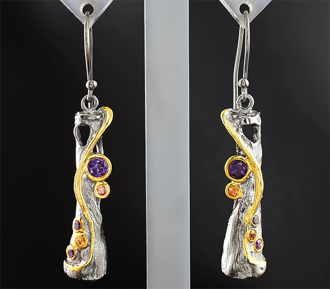 Серебряные серьги с аметистами и золотистыми сапфирами