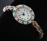 Часы на серебряном браслете с разноцветными сапфирами и изумрудами Серебро 925