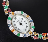 Часы на серебряном браслете с разноцветными сапфирами и изумрудами Серебро 925