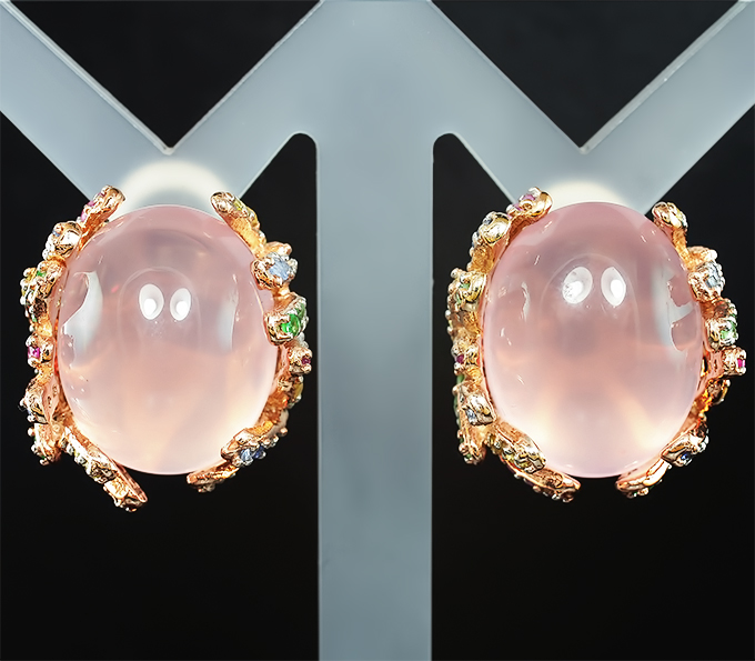 Серебряные серьги с розовым кварцем, разноцветными сапфирами и цаворитами гранатами