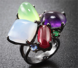 Серебряное кольцо c халцедоном, аметистом, пренитом, рубином, изумрудом и разноцветными сапфирами Серебро 925