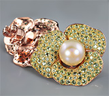 Серебряные серьги с золотистым жемчугом и зеленымми сапфирами Серебро 925