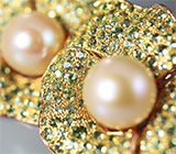 Серебряные серьги с золотистым жемчугом и зеленымми сапфирами Серебро 925