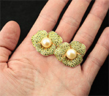 Серебряные серьги с золотистым жемчугом и зеленымми сапфирами Серебро 925