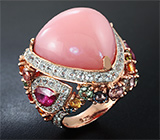 Серебряное кольцо с крупным перуанским розовым опалом, рубинами, разноцветными сапфирами и топазами Серебро 925