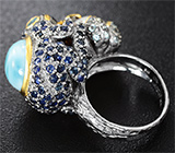 Скульптурное серебряное кольцо «Лягушка» с ларимаром, жемчужиной, голубыми топазами и синими сапфирами Серебро 925