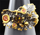 Серебряное кольцо c золотистым турмалином и сапфирами падпараджа Серебро 925