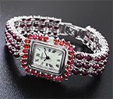 Часы с красными сапфирами на серебряном браслете с рубинами Серебро 925