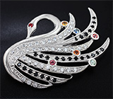 Серебряная брошь «Лебедь» с разноцветными сапфирами и черными шпинелями Серебро 925