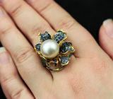 Серебряное кольцо с жемчужиной, синими сапфирами и цаворитами гранатами Серебро 925