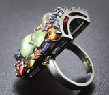 Серебряное кольцо c пренитами, разноцветными сапфирами, цаворитами гранатами и танзанитами Серебро 925