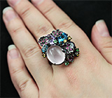 Серебряное кольцо c розовым кварцем и самоцветами Серебро 925