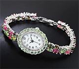 Часы с зелеными сапфирами на серебряном браслете с разноцветными турмалинами Серебро 925