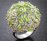 Шикарное крупное серебряное кольцо с перидотами, оранжевым и желтыми сапфирами Серебро 925