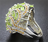 Шикарное крупное серебряное кольцо с перидотами, оранжевым и желтыми сапфирами Серебро 925