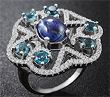 Замечательное серебряное кольцо с кианитом и синими топазами