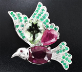 Серебряный кулон «Птичка» с зеленым аметистом, рубинами и изумрудами Серебро 925