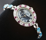 Часы с родолитами на серебряном браслете с голубыми топазами Серебро 925