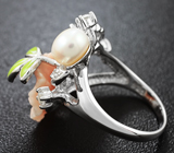 Прелестное серебряное кольцо с жемчужиной и цветной эмалью Серебро 925