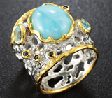 Серебряное кольцо с ларимаром, голубыми топазами и синими сапфирами Серебро 925
