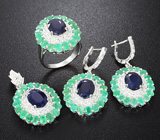 Серебряный комплект с насыщенно-синими сапфирами и изумрудами Серебро 925