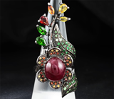 Серебряное кольцо с рубином, разноцветными сапфирами. хромдиопсидами и цаворитами Серебро 925