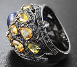 Серебряное кольцо с синими и желтыми сапфирами Серебро 925
