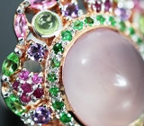 Серебряное кольцо с розовым кварцем, цаворитами, перидотами, аметистами и сапфирами Серебро 925