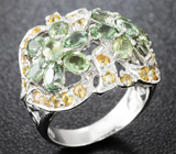 Превосходное серебряное кольцо с зелеными и желтыми сапфирами Серебро 925