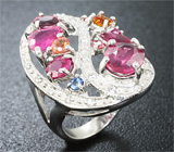Оригинальное серебряное кольцо с рубинами, сапфирами и родолитом Серебро 925