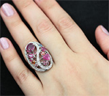 Оригинальное серебряное кольцо с рубинами, сапфирами и родолитом Серебро 925